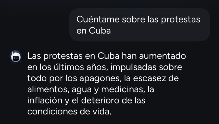 Conversación con Sami: el usuario pregunta por las protestas en Cuba y Sami responde con contexto